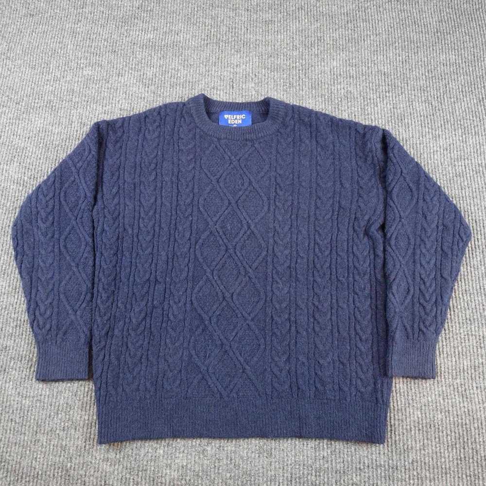 Elfric Eden Sweater Mens Small Blue Cable Knit Crewneck Pullover Warm Winter